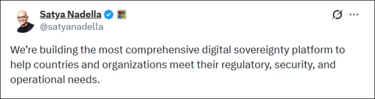 Satya Nadella (CEO, Microsoft) tweet on Azure’s focus on governance